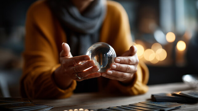 Overhead view of hands framing crystal ball no face visible divination sphere fortune telling orb scrying glass mystical tool spiritual practice ritual setup tarot cards