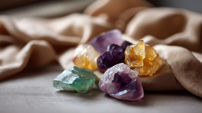Close up of healing crystal arrangement on silk fabric no faces visible gemstone collection spiritual stones reiki healing chakra balancing crystal grid energy healing