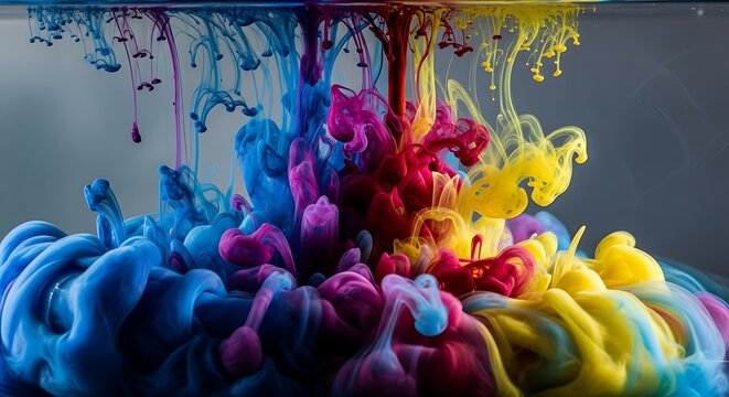 Vibrant explosion of primary colored ink swirling and mixing in water creating an abstract cloud