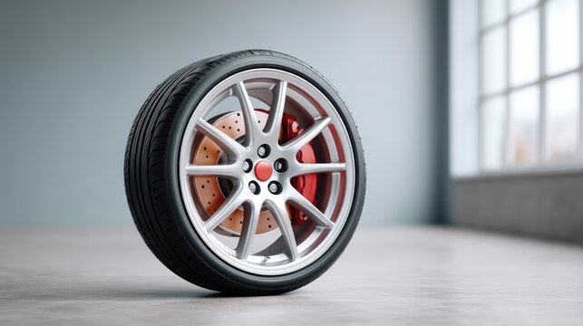 Close Up Of A Polished Silver Alloy Car Wheel With Red Brake Calipers On A Wooden Floor With Natural Light From Window - Powered by Adobe