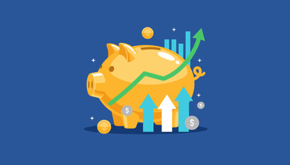 Vibrant golden piggy bank illustration symbolizing financial growth and savings, with upward trending arrows, coins, and a green graph against a solid blue background, representing investment success