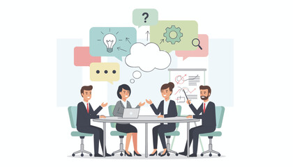 Diverse group of professionals engaged in a dynamic business meeting, brainstorming ideas with thought bubbles, lightbulbs, gears, and question marks, symbolizing collaboration, innovation, and