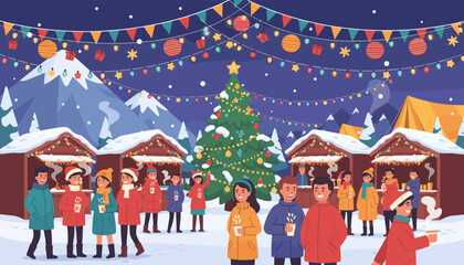 Vibrant outdoor winter festival scene at dusk, featuring a decorated Christmas tree, snow-covered market stalls with festive lights, and diverse people enjoying the holiday atmosphere, with mountains