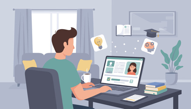 Young man studying online at home, engaged in e-learning with a laptop, coffee cup, and educational icons like a lightbulb, graduation cap, and brain with gears, symbolizing knowledge acquisition and