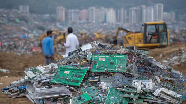 Vibrant pile of e-waste in India, old circuit boards, wires, and discarded electronics stacked together, workers in background sorting for recycling