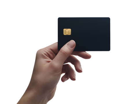 Hand holding a black credit card isolated on transparent background