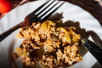 Traditional stuffed cabbage rolls (sarma) served on a plate, featuring tender cabbage leaves wrapped around a savory meat and rice filling. The warm, hearty dish is presented simply, highlighting its 