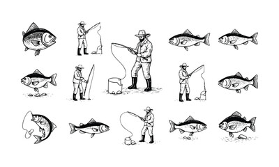 Vintage Engraving Fisherman vector art Illustration design set Collection
