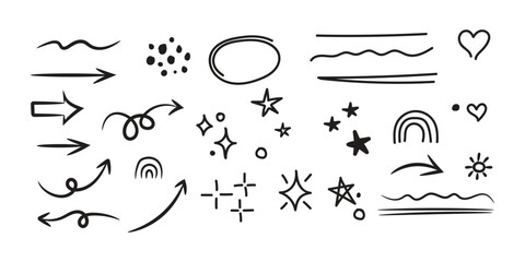 Line cute element set. Hand-drawn sketch doodle style arrow, cloud, star with marker stroke pencil highlight. Doodle sketch heart, star, cloud cartoon sticker shapes