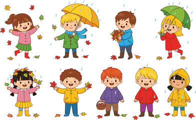 Autumn children, rainy day, cartoon kids, fall leaves, colorful outfits, seasonal fun, umbrella play, outdoor joy, nature scene, happy expressions