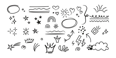 Line cute element set. Hand-drawn sketch doodle style arrow, cloud, star with marker stroke pencil highlight. Doodle sketch heart, star, cloud cartoon sticker shapes