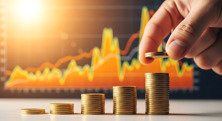 Hand stacking gold coins in front of a financial graph, symbolizing investment growth and economic progress