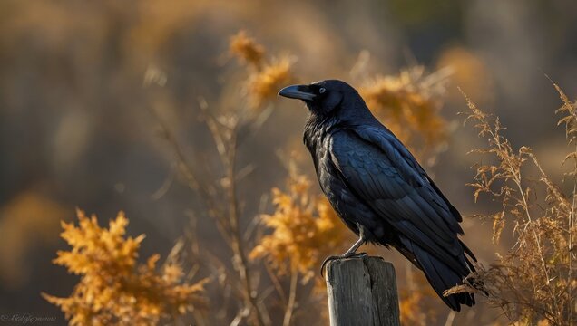 A crow on a wooden fence in a wheat field - Powered by Adobe