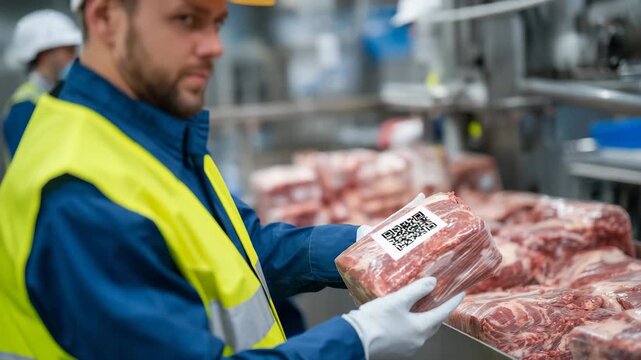 Worker scanning QR codes on boxes filled with chopped meat inside factory refrigerator, emphasizing traceability, safety, and modern food industry standards