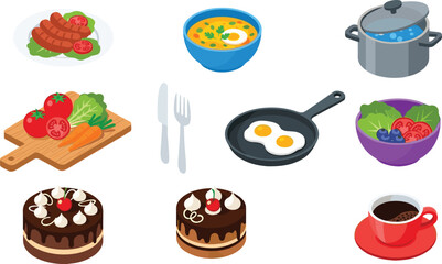 Food icons, cooking tools, kitchen utensils, breakfast plate, chocolate cake, salad bowl, soup dish, coffee cup, fresh vegetables, culinary design