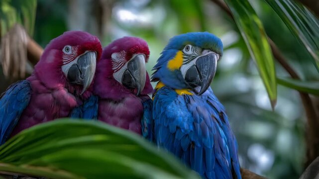 369Two tropical macaws perched close together on a winding vine, surrounded by vibrant green leaves, rays of sunlight highlighting feathers