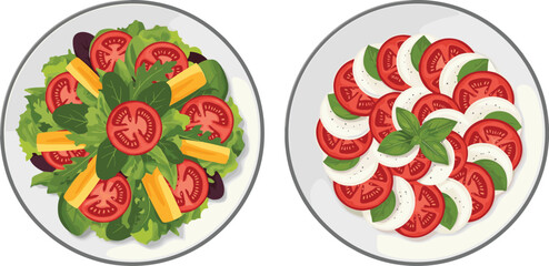Fresh salad, Caprese plate, tomato slices, mozzarella cheese, leafy greens, food styling, healthy meal, culinary art, herb garnish, vibrant presentation
