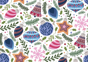 Seamless background with Christmas decorations and pine branches. Festive pattern with New year's elements and plants	