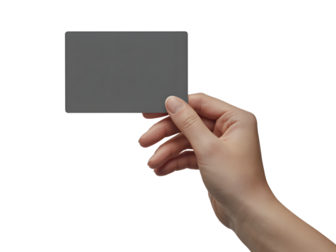 Hand holding a gray card isolated on transparent background, presentation