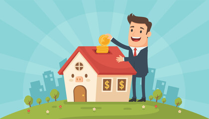 Cheerful businessman in a suit deposits golden coins into a piggy bank shaped like a house, symbolizing savings and investment in real estate, set against a backdrop of a city skyline and a sunny sky