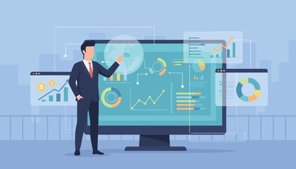 Business data analytics research concept with a professional in a suit pointing at a global digital interface displaying charts, graphs, and financial data, symbolizing growth and insights.