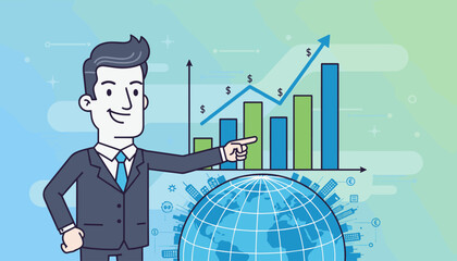 Dynamic illustration of a smiling businessman in a suit pointing at an upward trending financial growth graph, symbolizing business success and economic progress, with a globe and city skyline in the