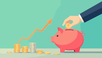 A businessman's hand is depositing a gold coin into a pink piggy bank, symbolizing savings and financial growth, with a rising orange arrow graph in the background indicating an upward trend in