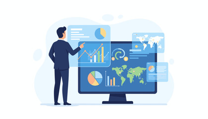 Business data analytics research concept with a man in a suit interacting with a futuristic interface displaying charts, graphs, world maps, and financial data, representing global market trends and
