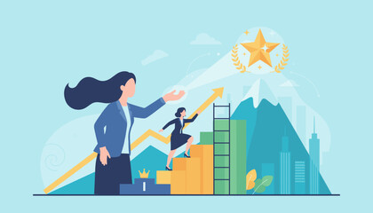 Empowerment and encouragement concept: A large businesswoman mentors a smaller one climbing a ladder of success towards a golden star award, symbolizing career growth, achievement, and reaching goals