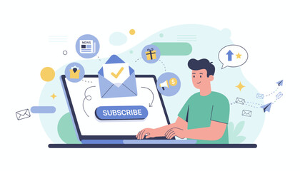 Modern flat illustration of a young man subscribing to a newsletter via laptop, with icons representing news, gifts, and promotions, symbolizing digital marketing and online communication strategies