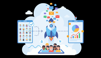 Vibrant illustration depicting a successful email marketing campaign concept, featuring a rocket launching with envelopes, a digital interface showing customer profiles, and a dashboard with