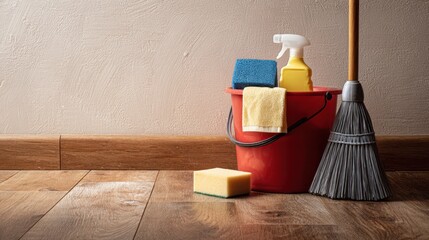Cleaning supplies arranged neatly in a bucket on a wooden floor beside a freshly cleaned surface