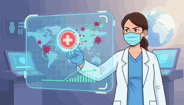 A determined female doctor wearing a mask and gloves, interacting with a futuristic holographic interface displaying a world map with COVID-19 virus icons, a medical cross, and a rising graph