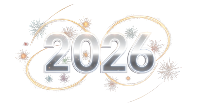 The year 2026 in a metallic silver font with festive fireworks and swirling golden lines, isolated on transparent background