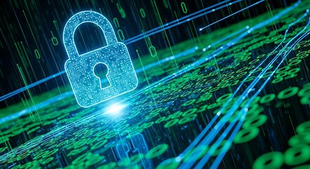 A glowing digital padlock symbolizing cybersecurity and data protection over a background of binary code and data streams.
