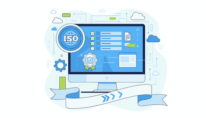Modern flat design illustration of ISO standards and quality control assurance on a computer screen, featuring a globe, checklist, badge of excellence, and gears, symbolizing certification and