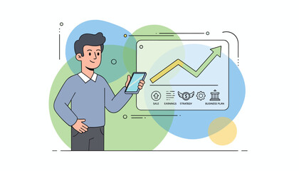 Modern flat illustration of a man holding a smartphone displaying a financial growth chart with icons representing sale, earnings, strategy, and business plan, symbolizing investment profit and