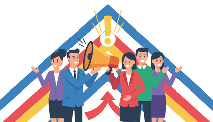 Diverse group of business professionals enthusiastically announcing important news with a megaphone and an exclamation mark, symbolizing attention, warning, and effective communication in a vibrant