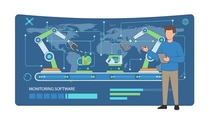 Manager or engineer checking and controlling automated robotic arms on a production line with a world map background, representing global industry and monitoring software for advanced manufacturing