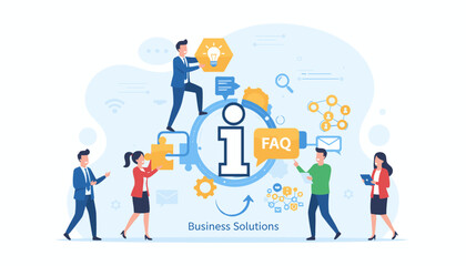 Diverse team of professionals collaborating around a central information hub, symbolizing business solutions, communication, and problem-solving with puzzle pieces, lightbulbs, and FAQ icons