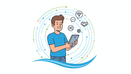 Young man in a blue t-shirt using a smartphone, surrounded by a dynamic network of colorful lines and dots, symbolizing mobile communication, global connectivity, and digital interaction with icons