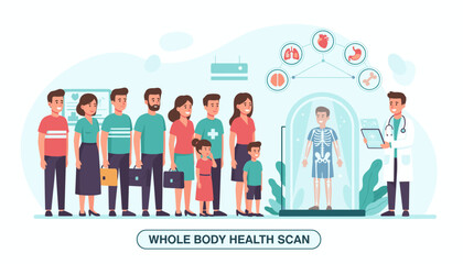Diverse group of people waiting for a whole body health scan, with a doctor examining a patient's skeleton and internal organs on a futuristic medical display, representing healthcare and diagnostics.