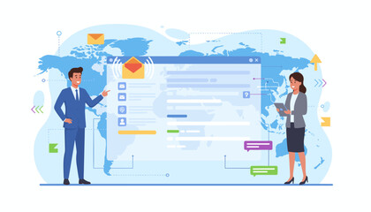 Modern business professionals, a man and a woman, interact with a digital interface displaying email notifications and global communication networks, symbolizing international business and digital