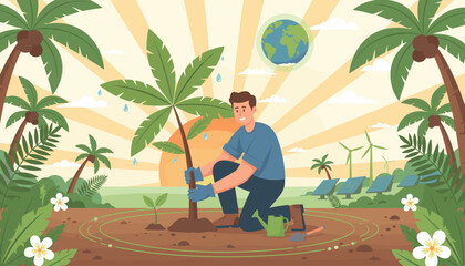 Vibrant illustration of a man planting a young tropical tree in fertile soil, symbolizing environmental conservation and reforestation efforts, with a backdrop of lush greenery, palm trees, blooming