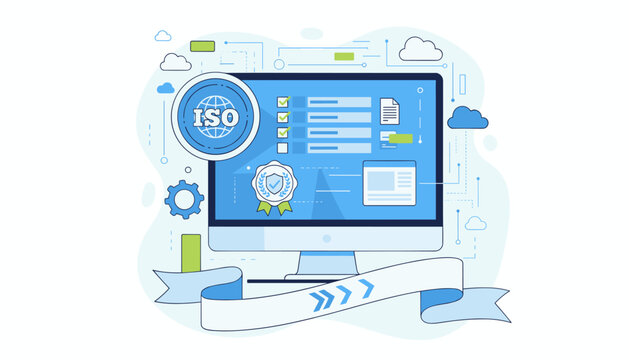 Modern flat design illustration of ISO standards and quality control assurance on a computer screen, featuring a globe, checklist, badge of excellence, and gears, symbolizing certification and