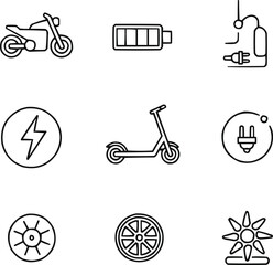 Electric Motorcycle Outline Icons Set  Eco Vehicle and Battery Energy Symbols