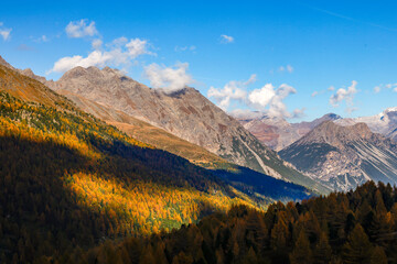Autumn scenic landscape of the mountains near Foscagno Pass, Italy, Europe	