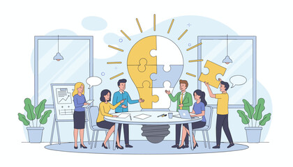 Diverse team of professionals collaborating in a modern office meeting, assembling a giant lightbulb puzzle symbolizing a shared innovative idea and successful problem-solving, representing teamwork