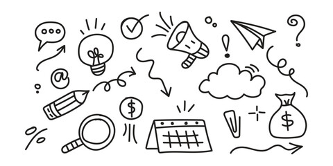 Line cute element set. Hand-drawn sketch doodle style arrow, cloud, star with marker stroke pencil highlight. Doodle sketch heart, star, cloud cartoon sticker shapes