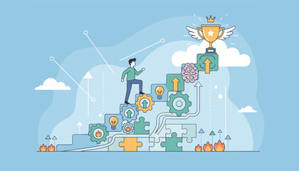Vivid vector illustration depicting a man climbing a staircase made of gears, puzzle pieces, and lightbulbs, symbolizing progress, success, and the pursuit of goals, culminating in a trophy and brain